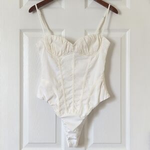 Zara Linen Blend Corset Inspired Form Fitting Sleeveless Tank Bodysuit Ivory M